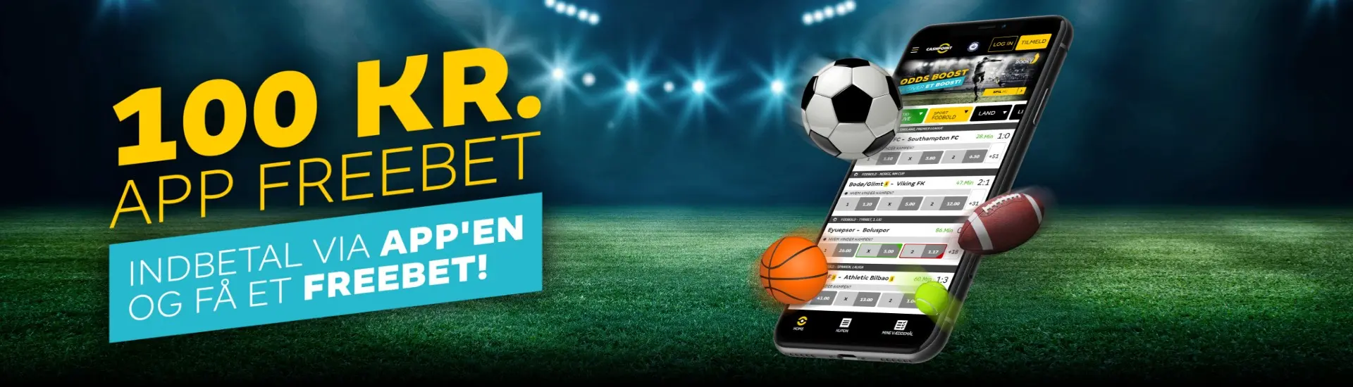 Banner fra Cashpoint med teksten: "100 kr. app freebet: Indbetal via app'en og få et freebet!"