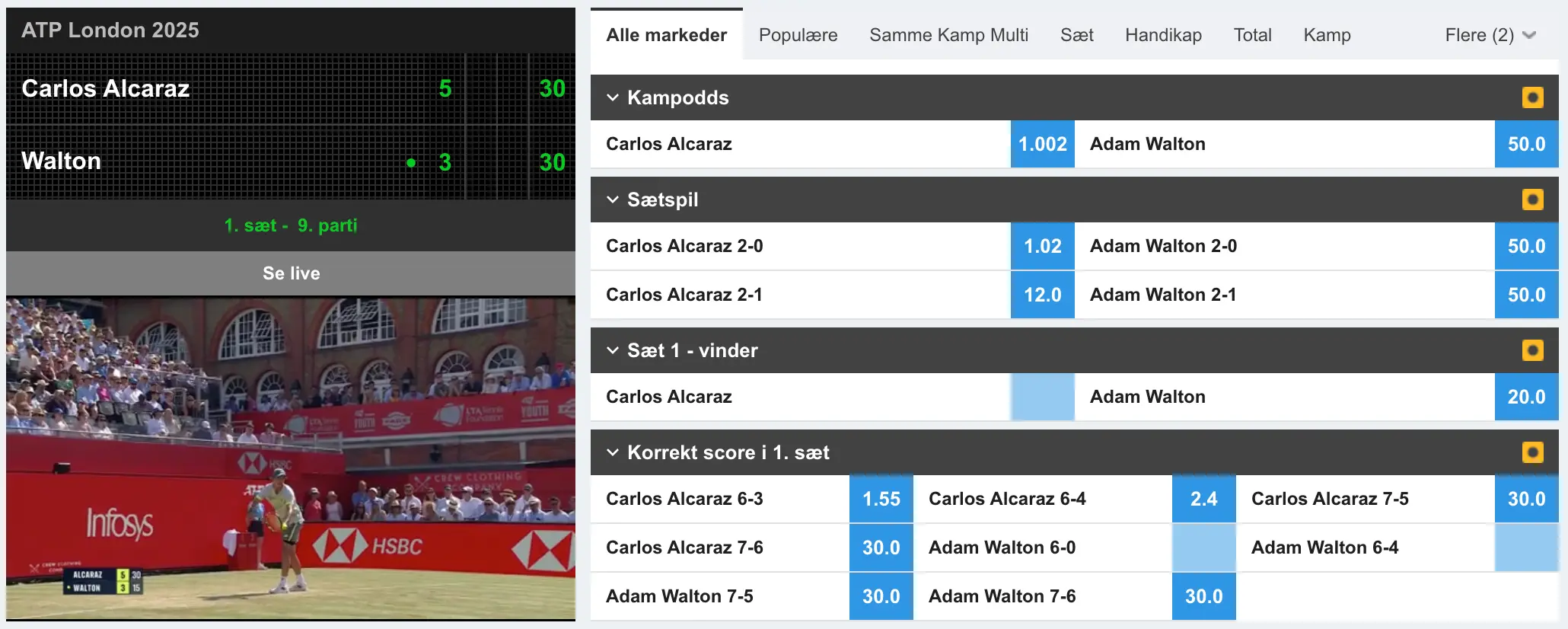 Betfair Sportsbook live odds