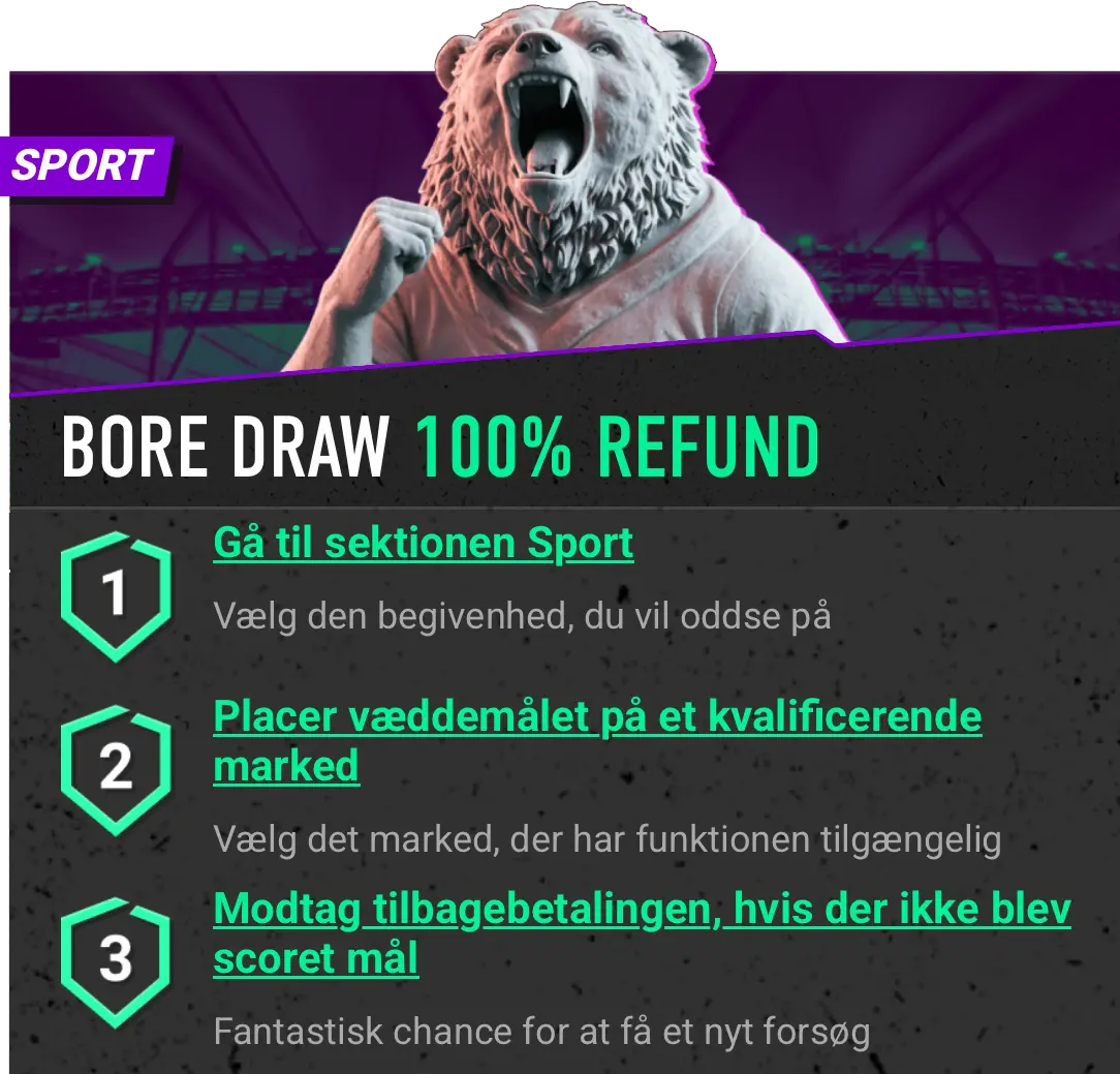 Screenshot fra Betinia med trin-for-trin vejledning til, hvordan man gør brug af Bore Draw-funktionen.
Trin 1: Gå til sektionen Sport: Vælg den begivenhed, du vil oddse på.
Trin 2: Placer væddemålet på et kvalificerende marked: Vælg det marked, der har funktionen tilgængelig.
Trin 3: Modtag tilbagebetalingen, hvis der ikke blev scoret mål: Fantastisk chance for at få et nyt forsøg.