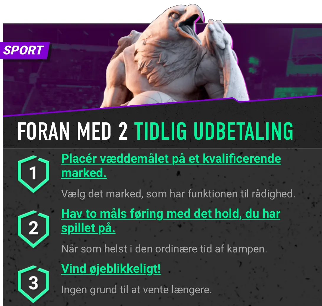 Screenshot fra Betinia med trin-for-trin vejledning til, hvordan man gør brug af Tidlig Udbetaling-funktionen.
Trin 1: Placér væddemålet på et kvalificerende marked: Vælg det marked, som har funktionen til rådighed.
Trin 2: Hav to måls føring med det hold, du har spillet på: Når som helst i den ordinære tid af kampen.
Trin 3: Vind øjeblikkeligt: Ingen grund til at vente længere.