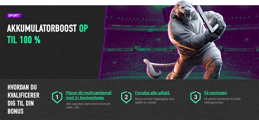 Screenshot fra Betinia med trin-for-trin vejledning til, hvordan man opnår Akkumulatorboost op til 100%.
Trin 1: Placér dit multivæddemål med 3+ begivnehder: Alle valg skal være med minimum odds 1,40.
Trin 2: Forudsé alle udfald: Bonus er kun tilgængelig, hvis spillet er vundet.
Trin 3: Få gevinsten: Få ekstra kontanter fra dine nettogevinster.