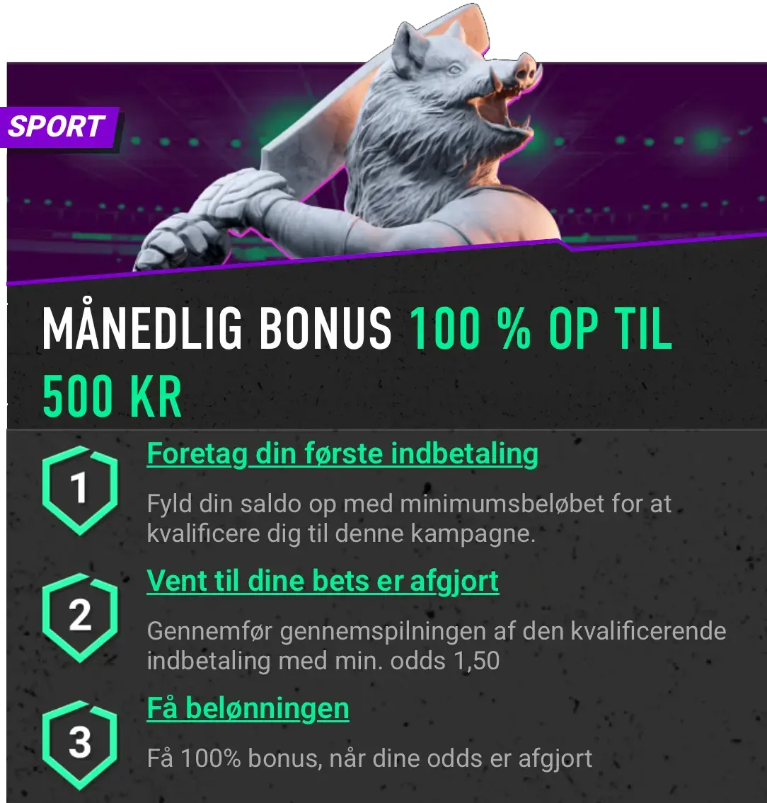 Screenshot fra Betinia med trin-for-trin vejledning til, hvordan man får den månedlige Reload Bonus.
Trin 1: Foretag din første indbetaling: Fyld din saldo op med minimusbeløbet for at kvalifcere dig til denne kampagne.
Trin 2: Vent til dine bets er afgjort: Gnenemfør gennemspilningen af den kvalificerende indbetaling med min. odds 1,50.
Trin 3: Få bleønningen: Få 100% bonus, når dine odds er afgjort.